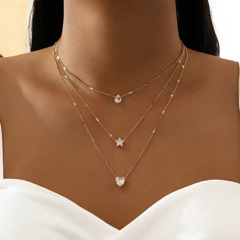 3Pcs/Set Vintage Shiny Rhinestone Love Heart Pendant Necklace Choker Bridal Neck Jewelry