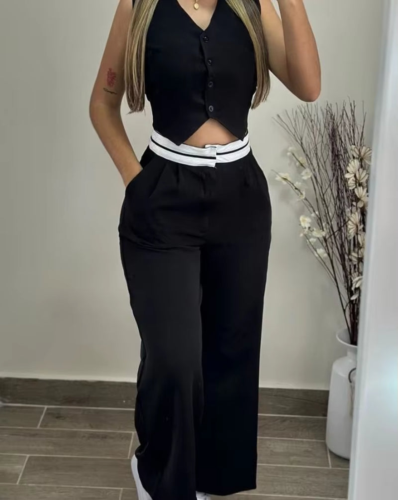 Two-Piece 2026 Summer Casual Sexy Elegant V-Neck Twist Button Tank Top and Pocket Design Pants Set