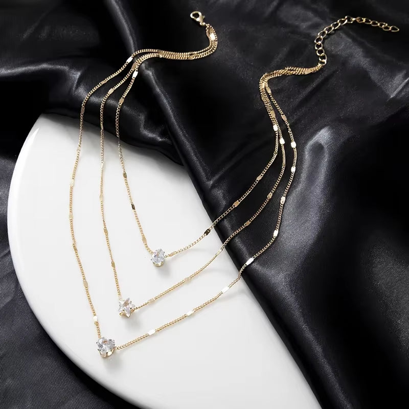 3Pcs/Set Vintage Shiny Rhinestone Love Heart Pendant Necklace Choker Bridal Neck Jewelry