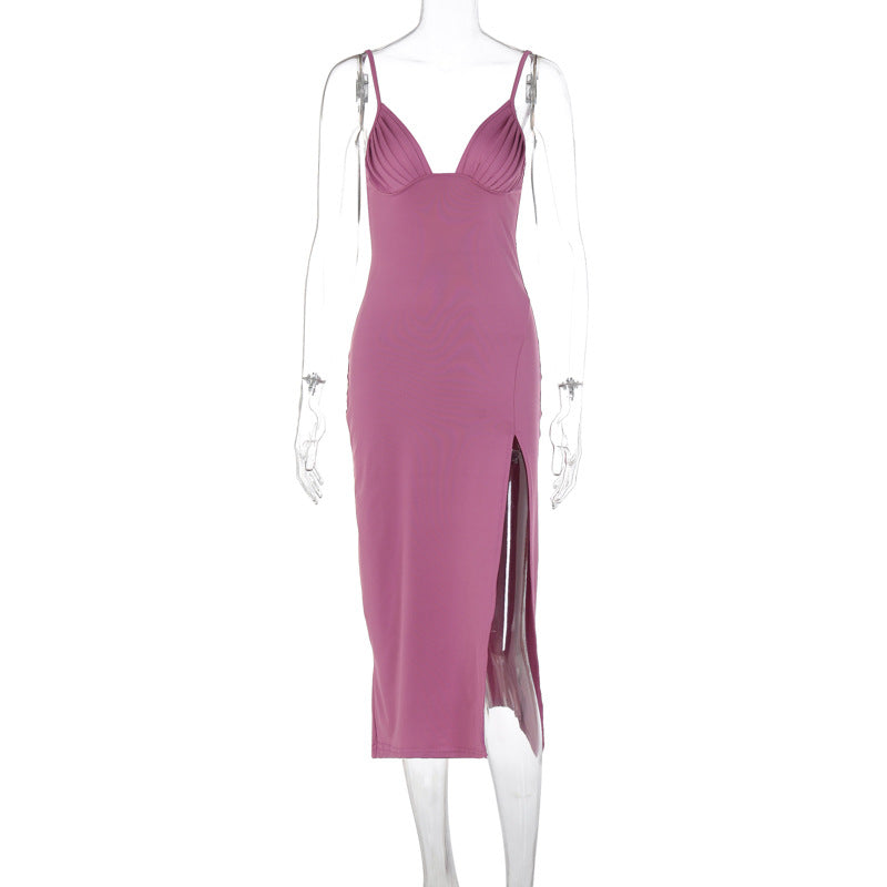 Spaghetti Strap Dress with Split Design Deep V-Neck Sleeveless Backless Party Dress