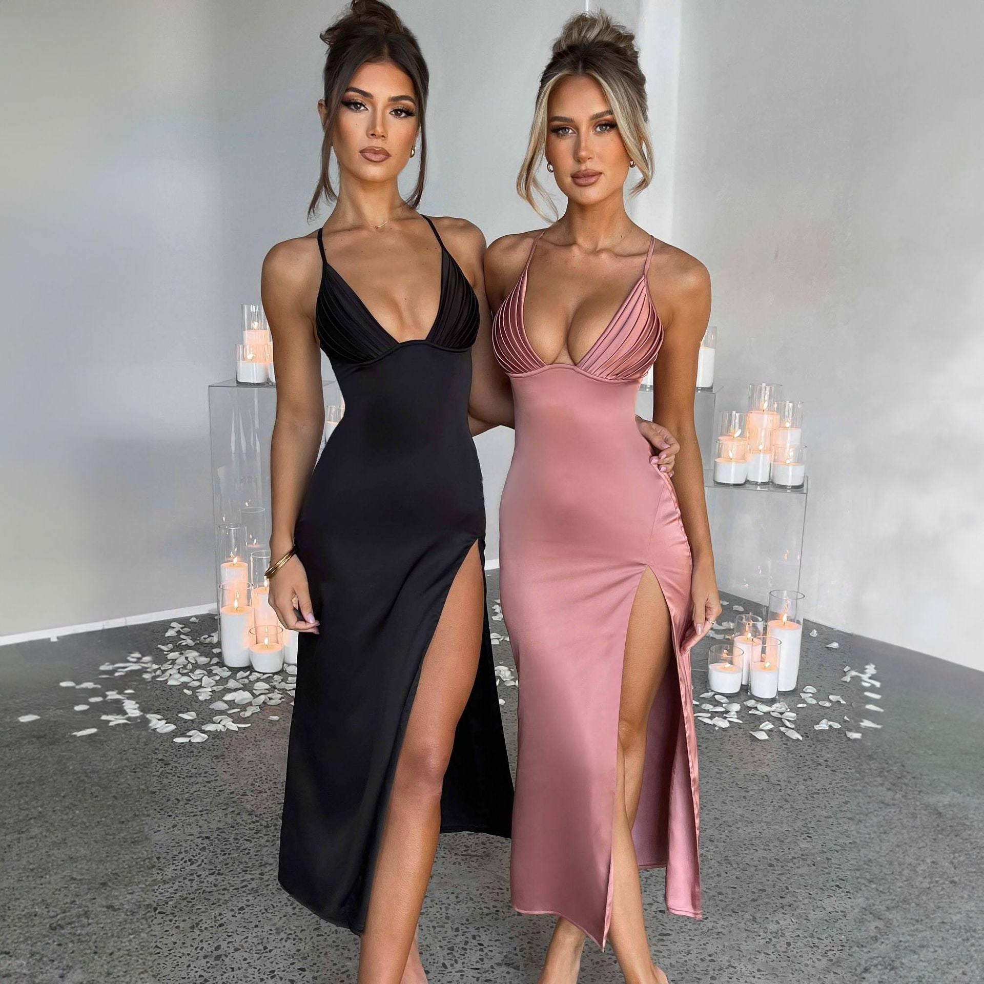 Spaghetti Strap Dress with Split Design Deep V-Neck Sleeveless Backless Party Dress