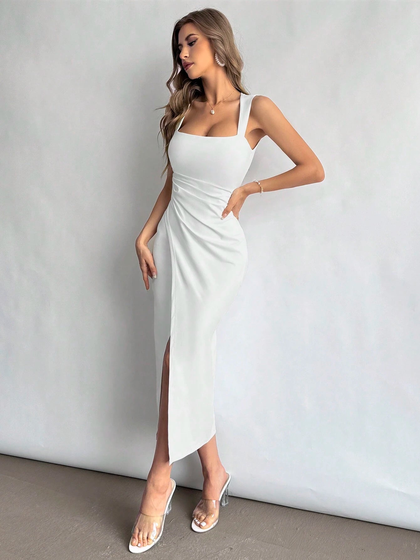 Waist Slit Dress, Elegant White Dress
