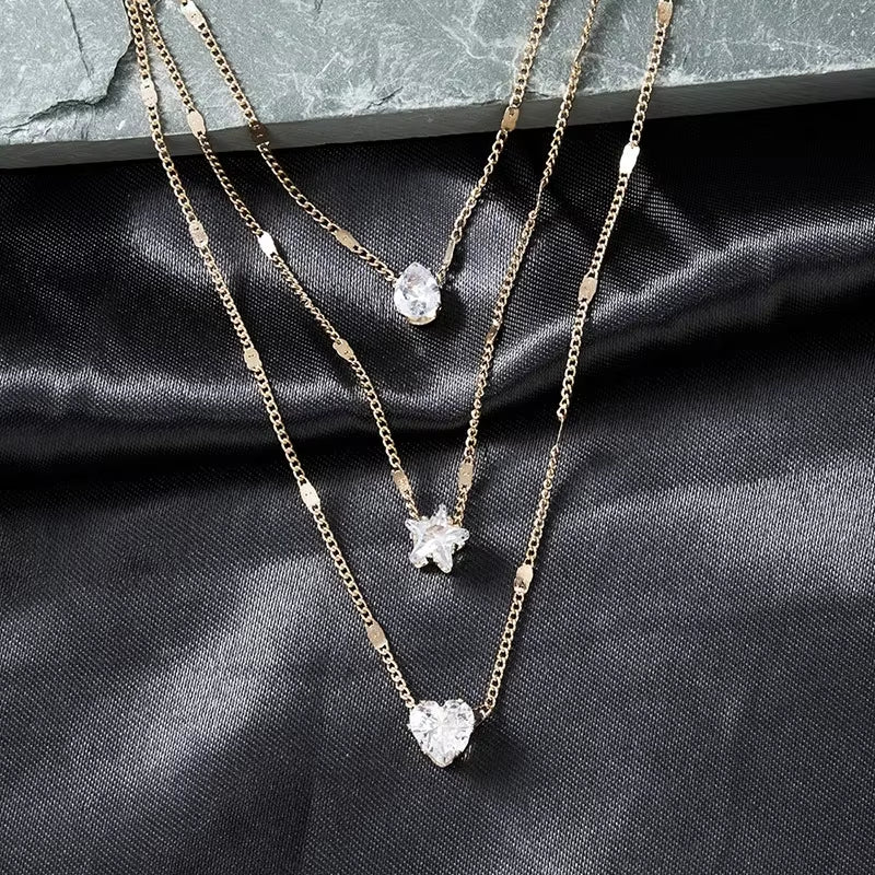 3Pcs/Set Vintage Shiny Rhinestone Love Heart Pendant Necklace Choker Bridal Neck Jewelry
